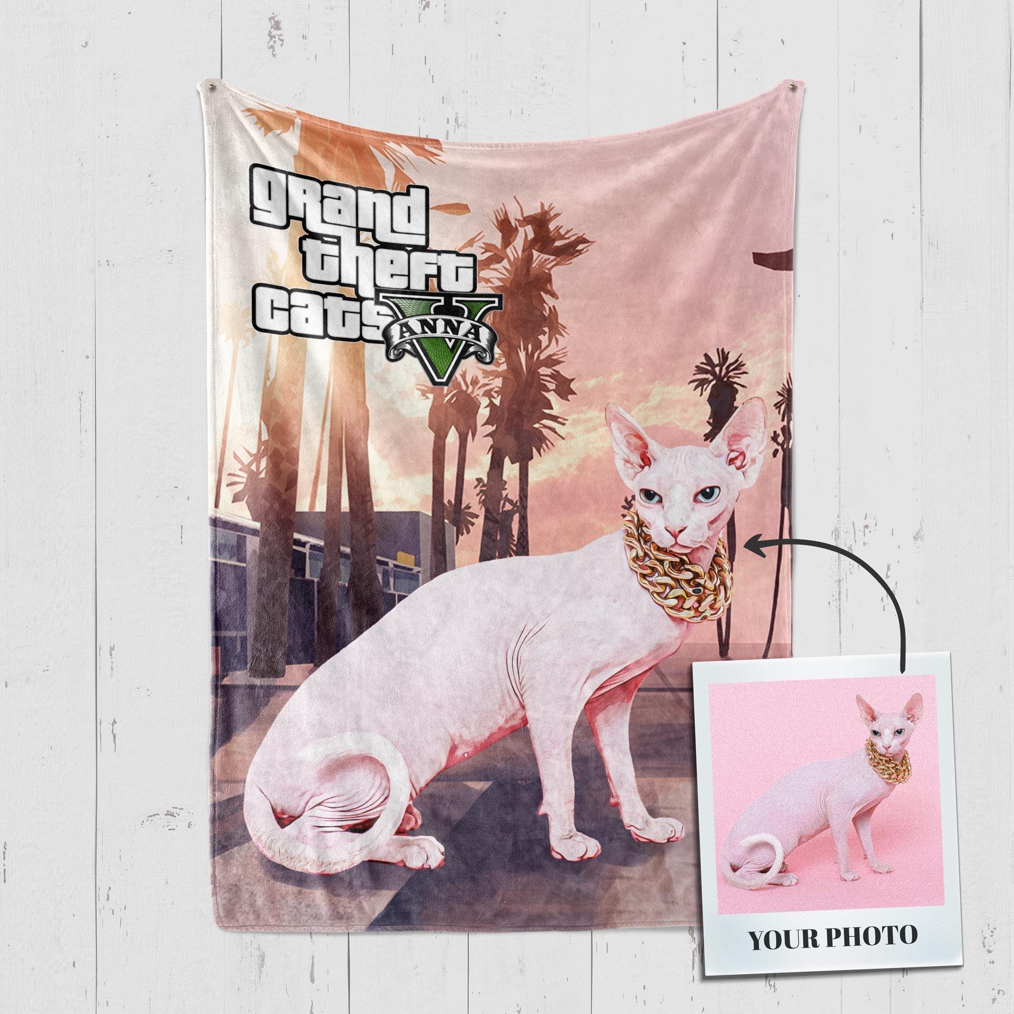 Custom Pet Fleece Blankets For Cats & Cat Lovers - GTA Style Art Portrait - Customized Scenery Backgrounds | Furkits™ Fluffy Fluff Series - Furkits