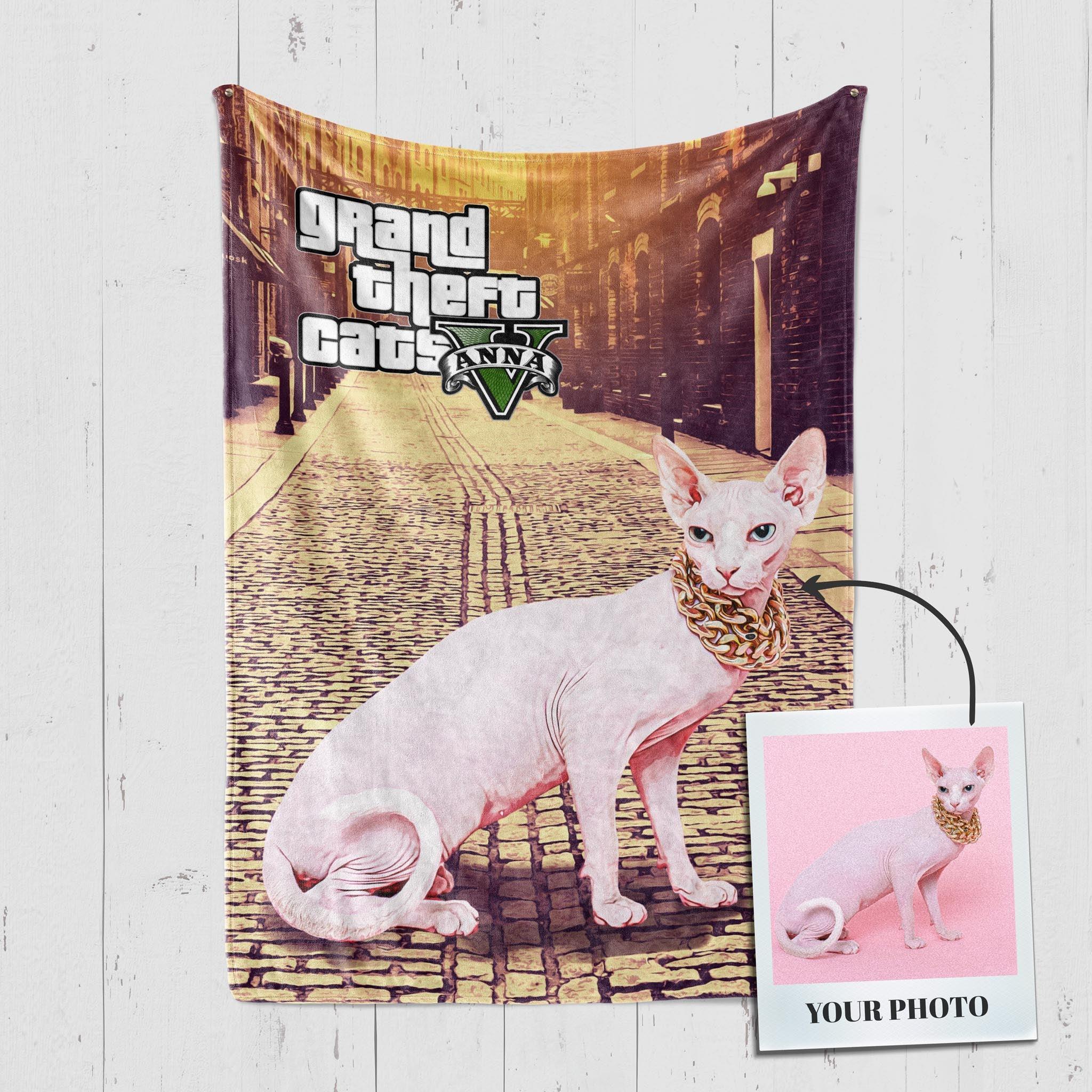 Custom Pet Fleece Blankets For Cats & Cat Lovers - GTA Style Art Portrait - Customized Scenery Backgrounds | Furkits™ Fluffy Fluff Series - Furkits