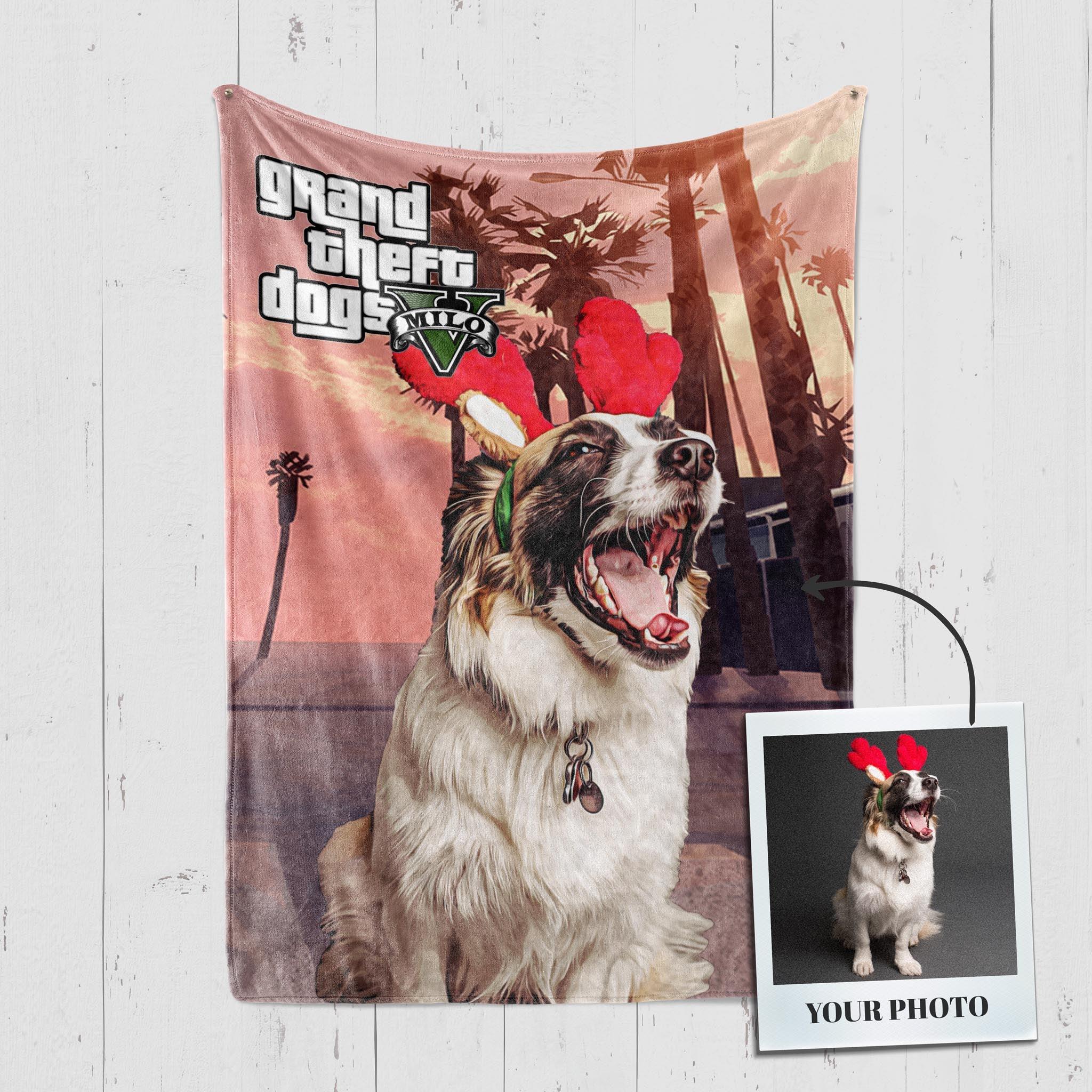 Custom Pet Fleece Blankets For Dogs & Dog Lovers- GTA Style Art Portrait - Customized Scenery Backgrounds | Furkits™ Fluffy Fluff Series - Furkits